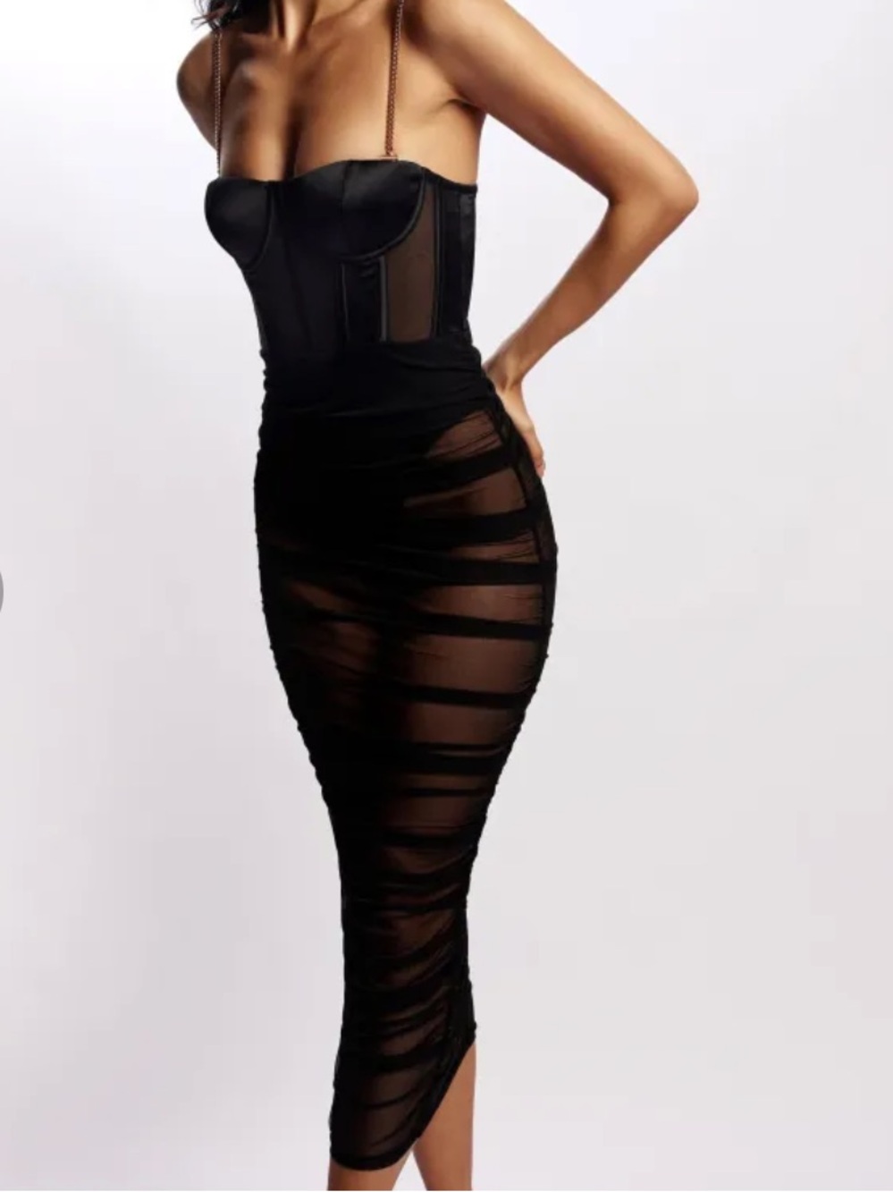 Tiarne Satin and Sexy See-Through Mesh Corset Dress in Black
